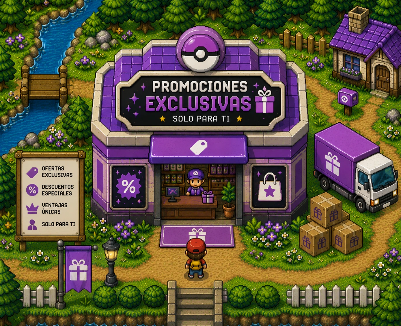 Ilustración pixel-art de una tienda con carteles de acceso anticipado y ofertas exclusivas — promociones exclusivas