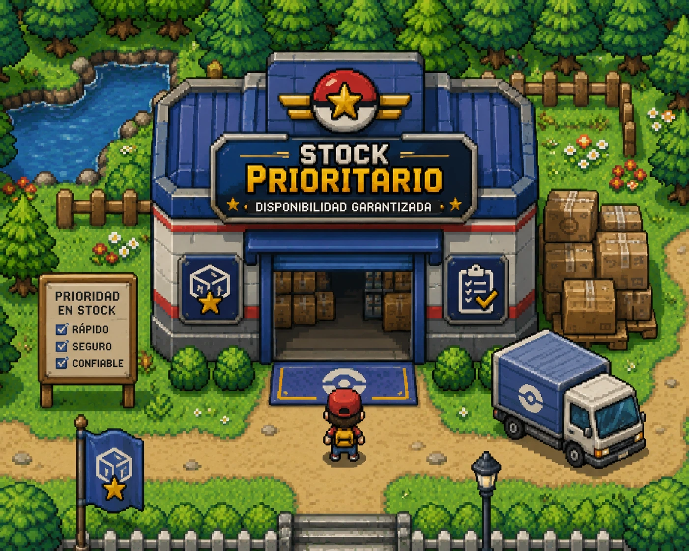 Ilustración pixel-art de un almacén con operario moviendo cajas y camión cargando — stock prioritario para B2B