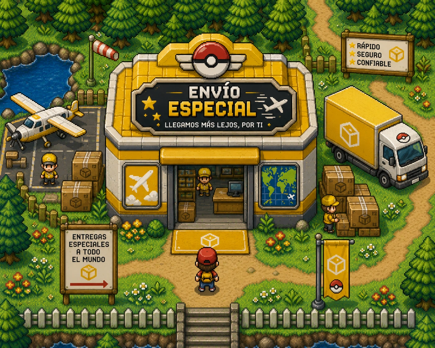 Ilustración pixel-art de un centro logístico con repartidor, cinta de cajas y furgoneta — envío adaptado