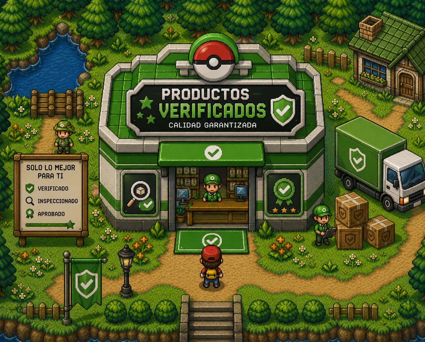 Ilustración pixel-art de un operario validando una caja con sello de verificación — producto verificado