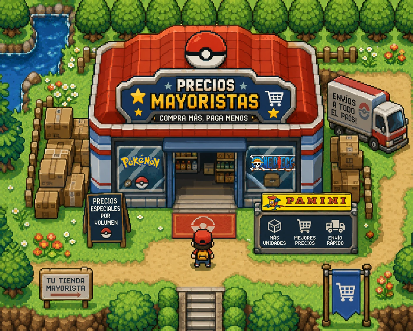 Ilustración pixel-art de una tienda con un carro lleno de cajas y compra al por mayor — precios mayorista